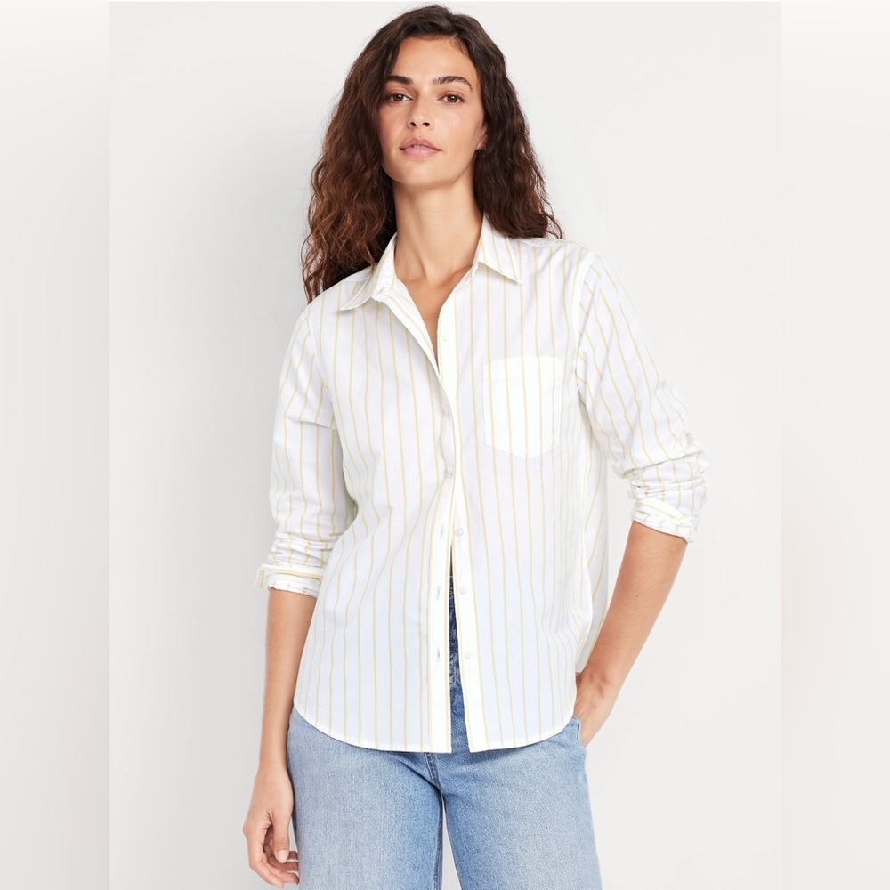 Old Navy Women’s Classic Button Down Yellow White Stripe, NEW, Medium Tall